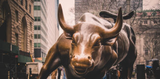 German Cannabis Legalization Fuels Surge in Weed Stocks Charging Bull in Lower Manhattan, New York City.