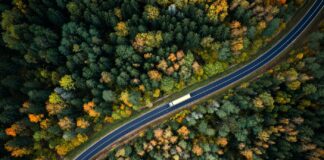 A Roadmap for Interstate Commerce Arial,View,Of,Heavy,Truck,On,A,Narrow,Twisting,Road.