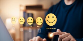 Survey Shows Gen Z Likes Smoking Cannabis More than Drinking Alcohol man in blue sweater pointing to happy face with 5-star review online