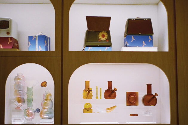 Farnsworth Fine Cannabis arched display cases lined with silk