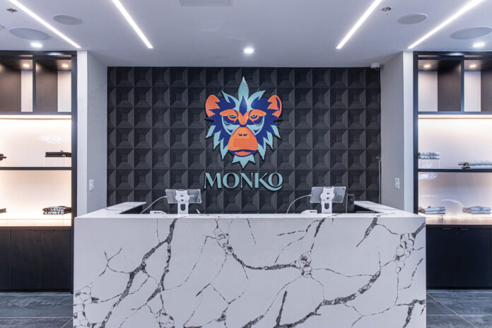 Monko dispensary interior counter with monko logo