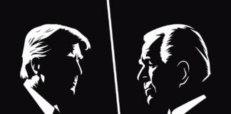 Will Biden’s Shaky Debate Performance Affect Cannabis Reform? How A Trump Return Could Reshape Marijuana Policy Black and White Silhouette Portrait of Joe Biden and Donald Trump. Biden vs Trump. US President on Black Background. Side View.