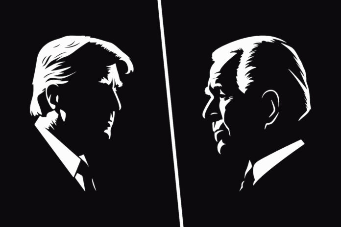 Black and White Silhouette Portrait of Joe Biden and Donald Trump. Biden vs Trump. US President on Black Background. Side View.