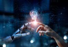 Foundations for Dispensary Growth AI robot hand with pointed finger touching a human hand with pointed finger with a brain in between