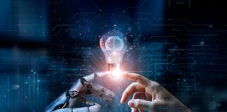 Foundations for Dispensary Growth AI robot hand with pointed finger touching a human hand with pointed finger with a brain in between