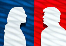 Opinion: The Real Battleground for Harris and Trump? Cannabis Silhouettes of Kamala Harris in blue and Donald Trump in Red debating cannabis on cbs presidential debate September 10, 2024