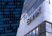 Banking: Navigating Payment Hurdles Bank building with digital binary code overlay, representing modern financial tech. Fintech, banking, technology, finance, innovation, cyber