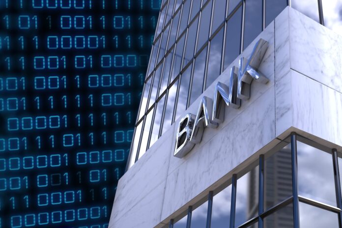 Bank building with digital binary code overlay, representing modern financial tech. Fintech, banking, technology, finance, innovation, cyber