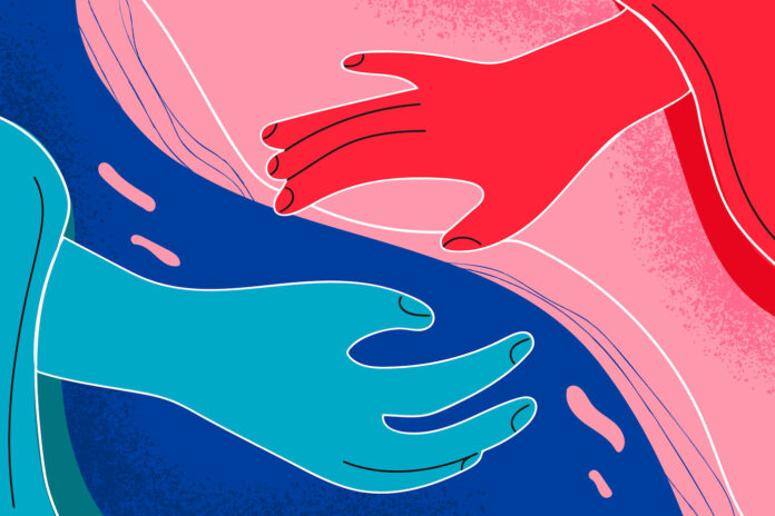 Helping hand, teamwork, meeting concept. Colourful diverse human hands reaching to each other touching by fingers meaning unity cooperation support vector illustration