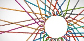 Building a Bank of Trust with Communication Business Unity and connection partnership as ropes shaped as a circle in a group of diverse strings connected together shaped as a support symbol expressing the feeling of teamwork and togetherness