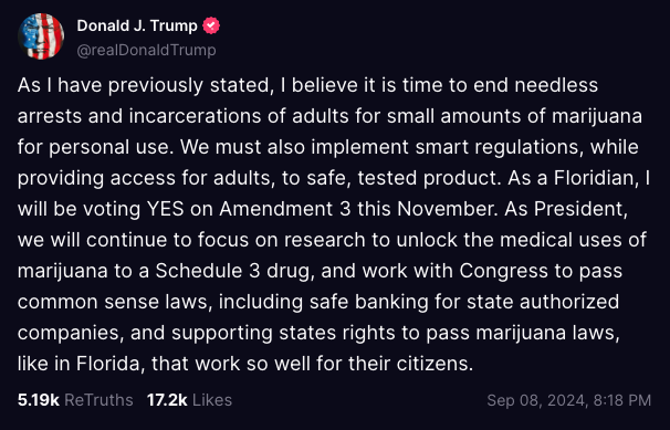 Trump Truth Social Post cannabis reform