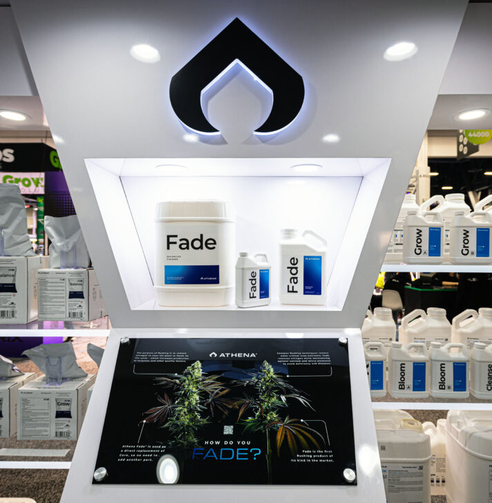 Athena's product display at MJBizCon 2024 featuring Fade and Grow lines with illuminated shelves.