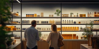 Cannabis Loyalty Programs: Strategies to Keep Customers Coming Back Two customers browsing cannabis products in a modern dispensary with sleek shelving and illuminated displays.