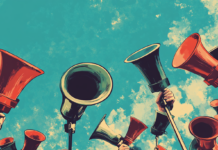 7 Secrets for Successful Cannabis PR Campaigns Illustrated hands holding megaphones against a blue sky, symbolizing cannabis PR and strategic communication in the cannabis industry.