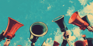 7 Secrets for Successful Cannabis PR Campaigns Illustrated hands holding megaphones against a blue sky, symbolizing cannabis PR and strategic communication in the cannabis industry.