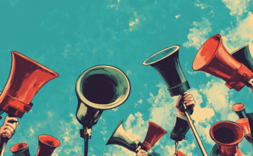 Illustrated hands holding megaphones against a blue sky, symbolizing cannabis PR and strategic communication in the cannabis industry.