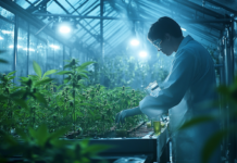 Optimizing Cannabis Quality: Science-Based Post-Harvest Techniques Scientist conducting cannabis research in a greenhouse, analyzing plant health and post-harvest processes.