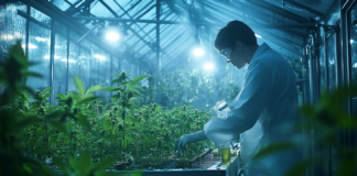 Optimizing Cannabis Quality: Science-Based Post-Harvest Techniques Scientist conducting cannabis research in a greenhouse, analyzing plant health and post-harvest processes.
