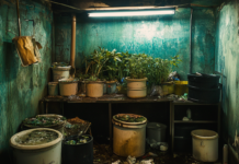 Proper Cannabis Waste Disposal: Stay Compliant & Legal A neglected cannabis waste storage room with potted plants, decaying organic material, and overflowing waste bins, highlighting the challenges of improper cannabis waste management.