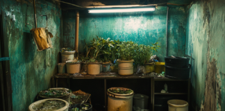 Proper Cannabis Waste Disposal: Stay Compliant & Legal A neglected cannabis waste storage room with potted plants, decaying organic material, and overflowing waste bins, highlighting the challenges of improper cannabis waste management.