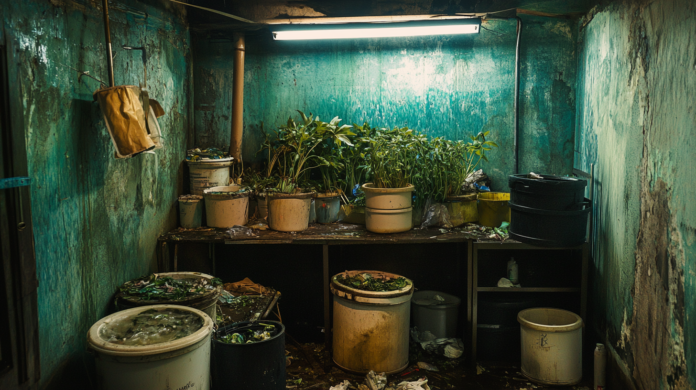 A neglected cannabis waste storage room with potted plants, decaying organic material, and overflowing waste bins, highlighting the challenges of improper cannabis waste management.