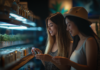 How to Get Media Coverage: PR Strategies That Work Two women browsing cannabis products in a well-lit dispensary, examining glass jars of flower and extracts on illuminated shelves.