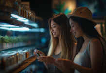 How to Get Media Coverage: PR Strategies That Work Two women browsing cannabis products in a well-lit dispensary, examining glass jars of flower and extracts on illuminated shelves.