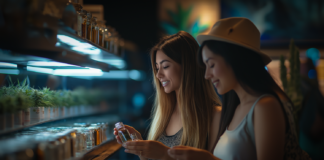 How to Get Media Coverage: PR Strategies That Work Two women browsing cannabis products in a well-lit dispensary, examining glass jars of flower and extracts on illuminated shelves.