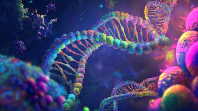 A vibrant, futuristic visualization of DNA strands representing cannabis genetics and their role in cultivation.