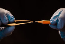 Revolutionizing Vape Tech: Greentank’s Quantum Innovation Close-up of Greentank’s Quantum Chip held by tweezers next to a pencil tip, highlighting the micro-scale size and precision engineering.