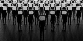 White House Taps FOX Reporter for Drug Czar Post A group of people with television sets in place of their heads, indicating media control of human minds. By Branko Devic.