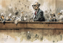 The Cannabis Industry and Bankruptcy Relief Illustration of a chaotic courtroom scene filled with anthropomorphic birds, symbolizing legal and financial turmoil, fitting for the bankruptcy challenges faced by the cannabis industry.