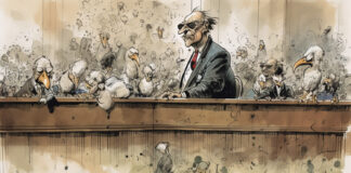 The Cannabis Industry and Bankruptcy Relief Illustration of a chaotic courtroom scene filled with anthropomorphic birds, symbolizing legal and financial turmoil, fitting for the bankruptcy challenges faced by the cannabis industry.