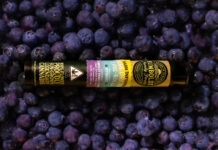 How Cannabis Packaging Is Evolving Amid Trade Turmoil and Cost Pressures Humboldt Family Farms Blue Dream hash-infused pre-roll packaging designed by CannaCarton, displayed on a bed of blueberries.