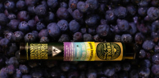 How Cannabis Packaging Is Evolving Amid Trade Turmoil and Cost Pressures Humboldt Family Farms Blue Dream hash-infused pre-roll packaging designed by CannaCarton, displayed on a bed of blueberries.