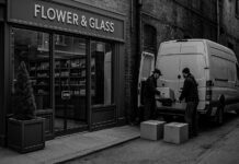 DEA Alleges Chinese and Cartel Gangs Control U.S. Cannabis Trade Two individuals unloading boxes from a delivery van behind a cannabis storefront, symbolizing distribution networks referenced in the DEA’s 2025 report on illicit marijuana trade.