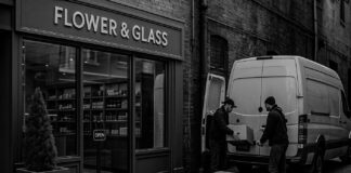 DEA Alleges Chinese and Cartel Gangs Control U.S. Cannabis Trade Two individuals unloading boxes from a delivery van behind a cannabis storefront, symbolizing distribution networks referenced in the DEA’s 2025 report on illicit marijuana trade.