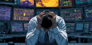 Aurora Cannabis Denies Report of $215M MedLeaf Acquisition Stressed stock trader with head in hands surrounded by multiple monitors showing financial data, symbolizing market confusion after false acquisition reports.