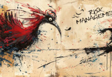 Captive Insurance for Cannabis: Is Self-Insurance Right for You? Abstract illustration symbolizing cannabis industry risk management, featuring a red and black bird confronting a human figure labeled "Risk Management."