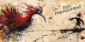 Captive Insurance for Cannabis: Is Self-Insurance Right for You? Abstract illustration symbolizing cannabis industry risk management, featuring a red and black bird confronting a human figure labeled "Risk Management."