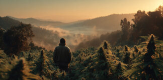 How Growers Are Becoming the Face of the Brand Cannabis cultivator overlooking sunlit farm at sunrise