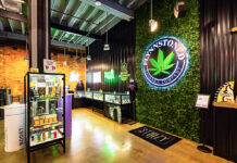 FlynnStoned Dispensary: Designing the Ultimate Showcase FlynnStoned Cannabis Company’s lobby in Syracuse featuring branded product display cases, neon signage, and greenery accent wall with illuminated logo.
