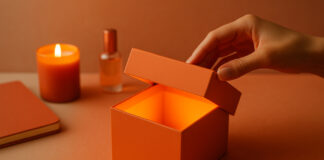 Packaging: the Trojan Horse of Cannabis Branding A hand opens a glowing orange box surrounded by a candle, journal, and glass bottle, symbolizing the emotional and aesthetic experience of modern cannabis packaging.