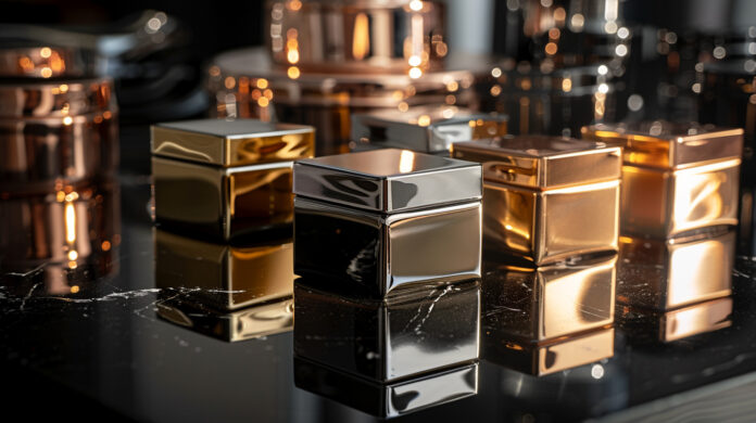 Premium gold and silver cannabis jars on a reflective black surface, symbolizing luxury branding and upscale cannabis packaging.