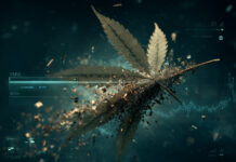 AI Search is Changing Cannabis SEO. Here’s How to Stay Visible Digital cannabis leaf disintegrating into data particles overlaid with AI interface and search elements, symbolizing algorithmic filtering and visibility loss in AI-powered cannabis SEO.