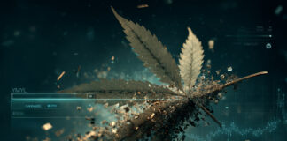 AI Search is Changing Cannabis SEO. Here’s How to Stay Visible Digital cannabis leaf disintegrating into data particles overlaid with AI interface and search elements, symbolizing algorithmic filtering and visibility loss in AI-powered cannabis SEO.