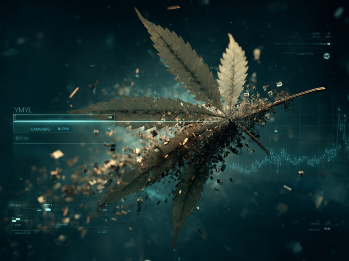 Digital cannabis leaf disintegrating into data particles overlaid with AI interface and search elements, symbolizing algorithmic filtering and visibility loss in AI-powered cannabis SEO.