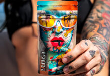 Premium Cannabis Meets Science and Style in Luigi Oil’s Flavor-Driven Lineup A tattooed woman in a black bikini holding a colorful Luigi Oil vape pouch featuring comic-style artwork and the word "Indica."