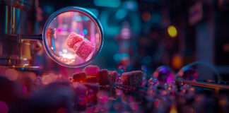 Cannabis Nano-Emulsions: Faster Onset, Stronger Effects Close-up of nano-emulsified cannabis-infused gummies under magnification, highlighting precise particle suspension and vibrant formulation.