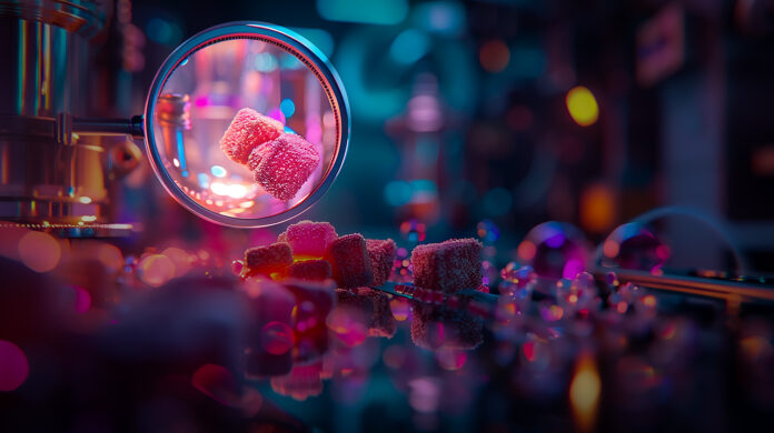 Close-up of nano-emulsified cannabis-infused gummies under magnification, highlighting precise particle suspension and vibrant formulation.